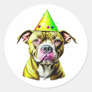 Pegatina Redonda Pitbull con Gorra de cumpleaños
