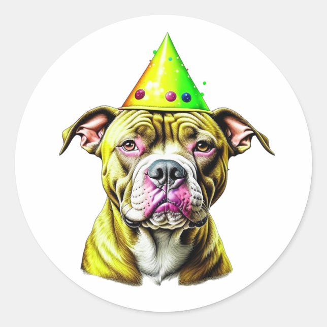 Pegatina Redonda Pitbull con Gorra de cumpleaños (Anverso)