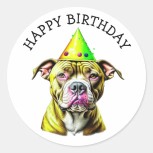 Pegatina Redonda Pitbull con Gorra de cumpleaños