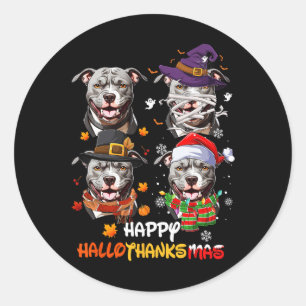 Pegatina Redonda Pitbull Dog Hallothanksmas Halloween Día de Acción