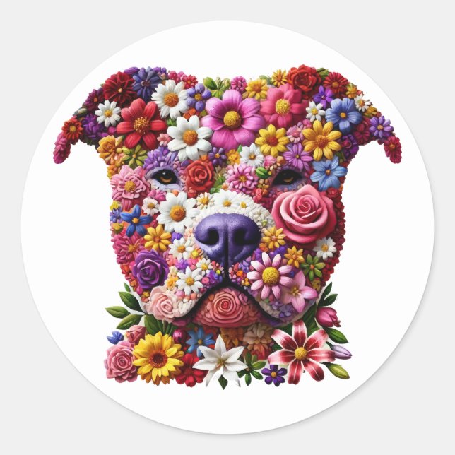 Pegatina Redonda Pitbull Flower Face Dog Lover (Anverso)