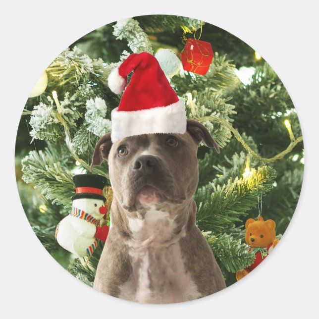 Pegatina Redonda Pitbull Perro Árbol de Navidad Ornamentos Snowman (Anverso)