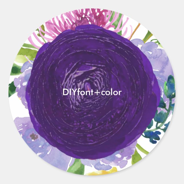 Pegatina Redonda PixDezine acuarela floral/violeta ranunculus (Anverso)