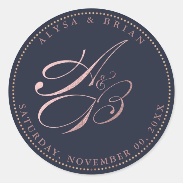 Pegatina Redonda PixDezine DIY A-Z Monogramas/Faux Rosa Gold Script (Anverso)