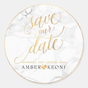 Pegatina Redonda PixDezine Marble/Faux Gold Save Our Date
