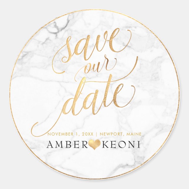 Pegatina Redonda PixDezine Marble/Faux Gold Save Our Date (Anverso)