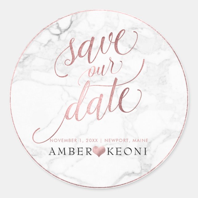 Pegatina Redonda PixDezine Marble/Faux Gold Save Our Date (Anverso)