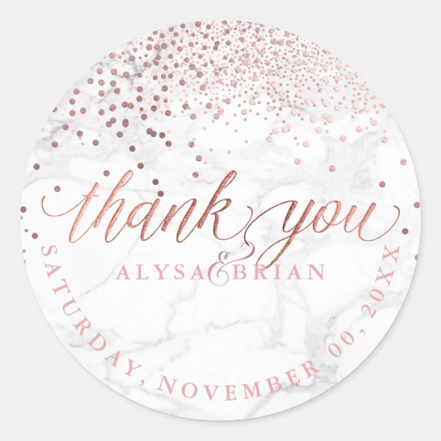 Pegatina Redonda PixDezine Marble/Faux Rosa Gold Confetti Gracias (Anverso)