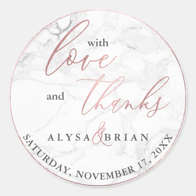 Pegatina Redonda PixDezine Marble/Faux Rosa Gold Love+Gracias (Anverso)