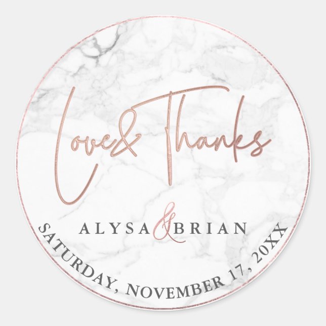 Pegatina Redonda PixDezine Marble/Faux Rosa Gold Love+Gracias (Anverso)