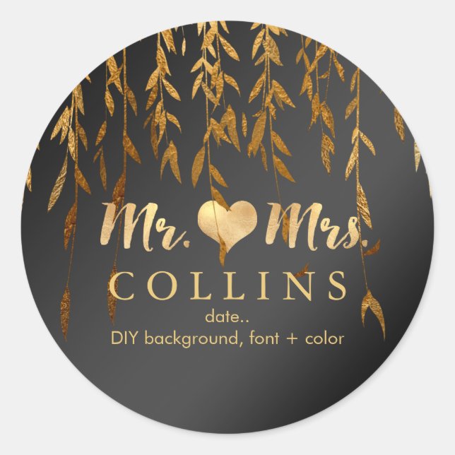 Pegatina Redonda PixDezine Willow Leaves/fondo falso de oro/bricola (Anverso)