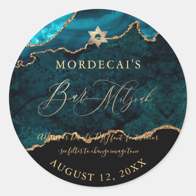 Pegatina Redonda PixDezines Acuarela Agata Teal Bar Mitzvah  (Anverso)