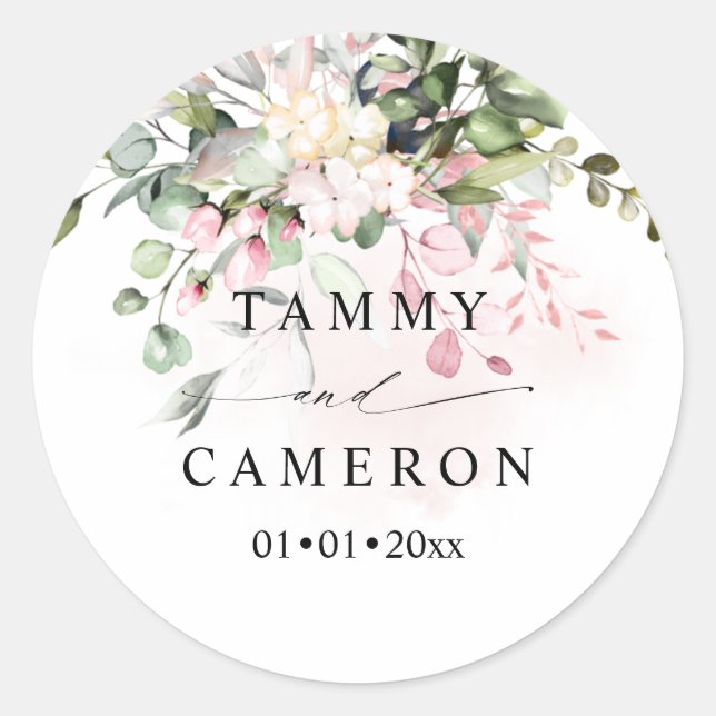 Pegatina Redonda PixDezines acuarela rústica eucalipto Blush Gum (Anverso)