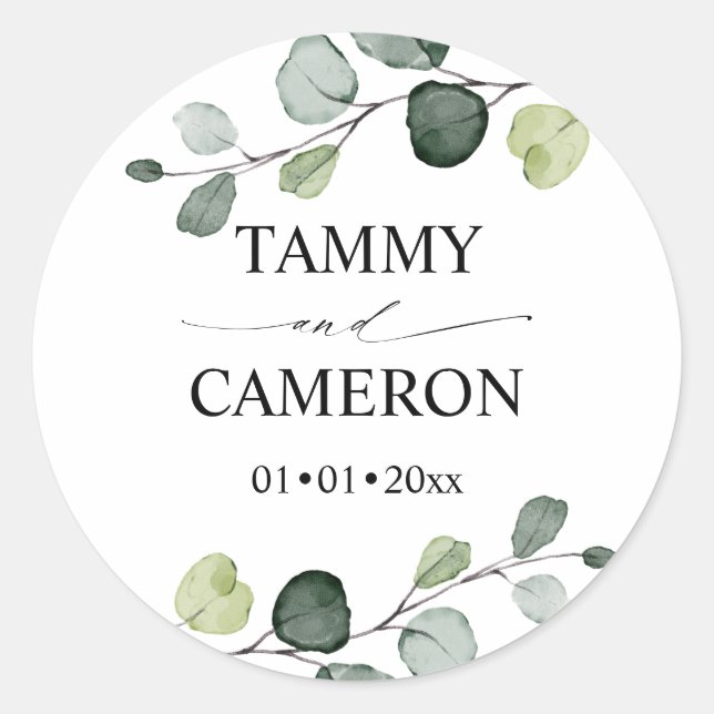 Pegatina Redonda PixDezines Acuarela Rústica Verde Eucalipto (Anverso)