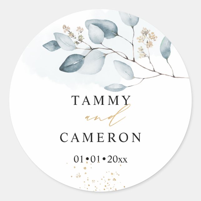 Pegatina Redonda PixDezines Acuarela Simple Eucalipto Goma Azul (Anverso)