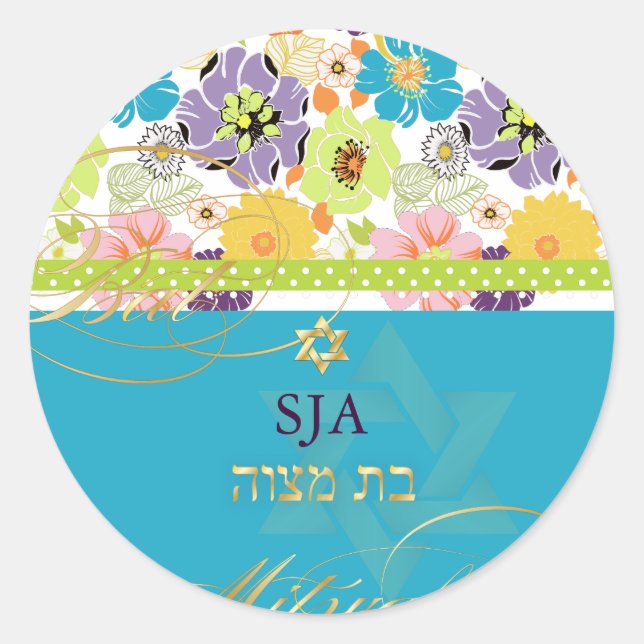 Pegatina Redonda PixDezines Alegre, floral retro/Mitzvah Bat (Anverso)