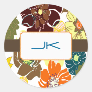 Pegatina Redonda PixDezines Alegre Floral Retro, Monograma