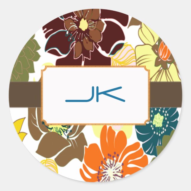 Pegatina Redonda PixDezines Alegre Floral Retro, Monograma (Anverso)