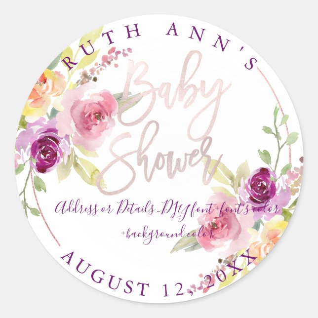 Pegatina Redonda PixDezines Baby Shower, acuarela floral, ciruela (Anverso)