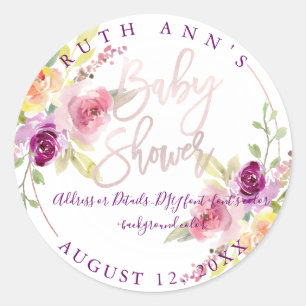 Pegatina Redonda PixDezines Baby Shower, acuarela floral, ciruela