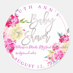 Pegatina Redonda PixDezines Baby Shower, acuarela floral, Peonie