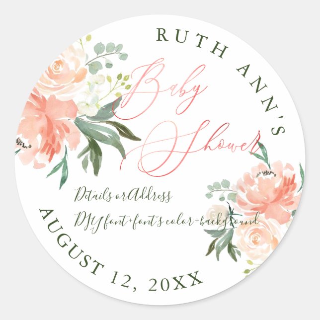 Pegatina Redonda PixDezines Baby Shower, acuarela floral, posta (Anverso)