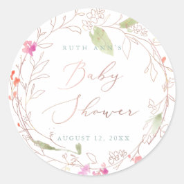 Pegatina Redonda PixDezines Baby Shower, acuarela floral, Rubor