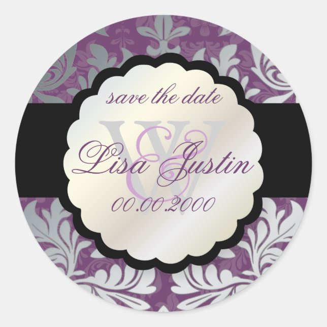 Pegatina Redonda PixDezines Barroco Damask/faux color plata/DIY!! (Anverso)