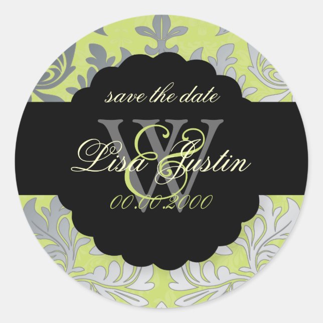Pegatina Redonda PixDezines Barroco Damask/Faux Silver+Green (Anverso)