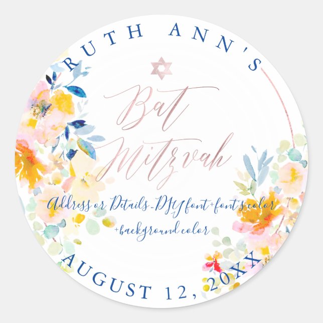 Pegatina Redonda PixDezines Bat Mitzvah, acuarela floral, crema (Anverso)