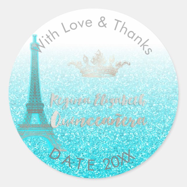 Pegatina Redonda PixDezines Blue Eiffel/Sweet 15/DIY Gracias (Anverso)