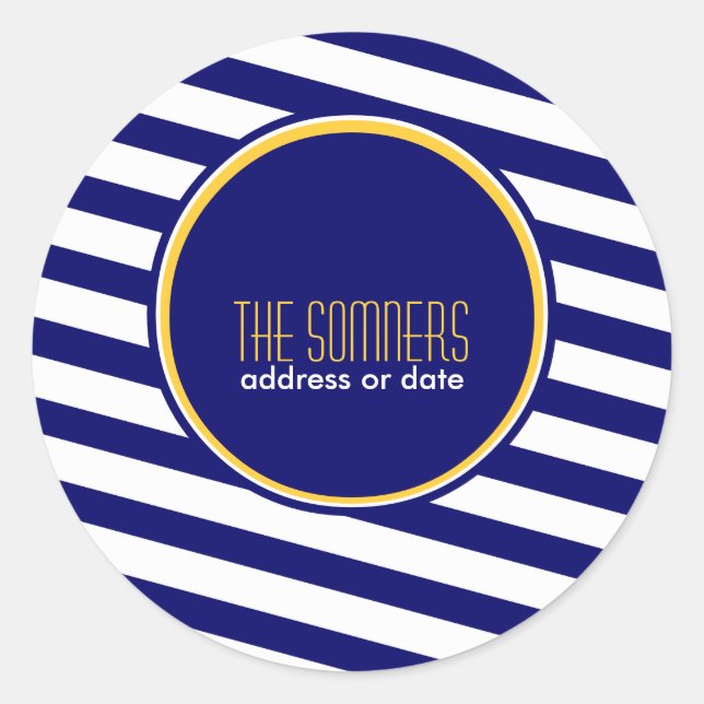 Pegatina Redonda PixDezines colores DIY, franjas náuticas blancas, (Anverso)