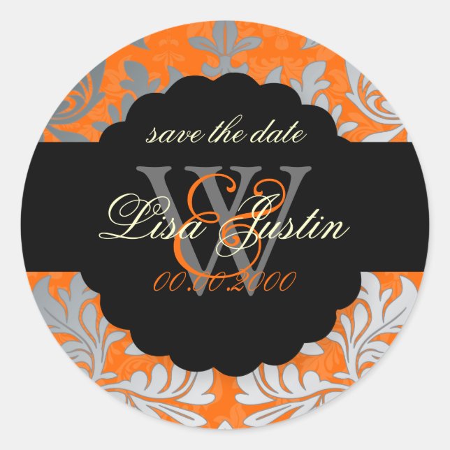 Pegatina Redonda PixDezines Damask barroco/Faux Silver+Naranja (Anverso)