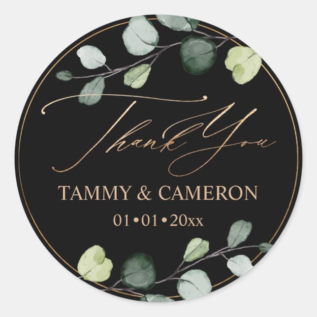 Pegatina Redonda PixDezines Elegante Negro Verde Dorado Eucalipto (Anverso)