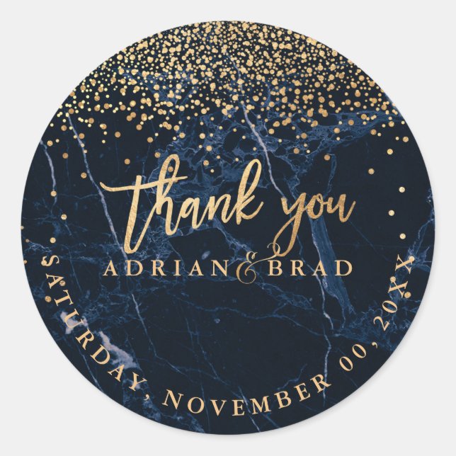 Pegatina Redonda PixDezines Faux Gold Confetti/Blue Marble (Anverso)