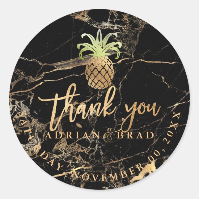 Pegatina Redonda PixDezines Faux Gold Pineapple/Black Gold Marble (Anverso)