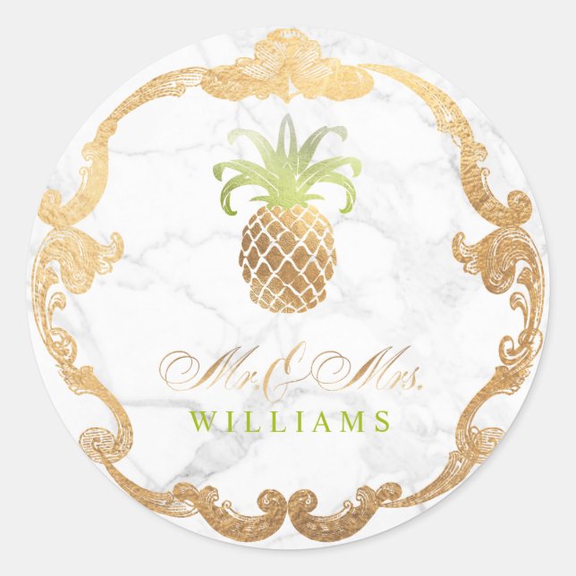Pegatina Redonda PixDezines Faux Gold Pineapple+Marble Slab (Anverso)