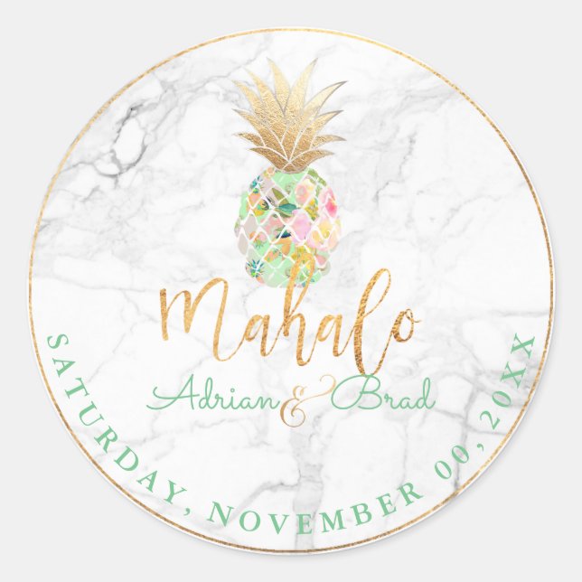 Pegatina Redonda PixDezines Faux Gold Pineapple/Mint/Marble (Anverso)