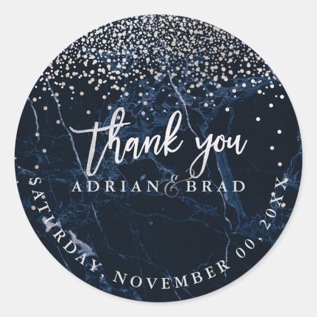 Pegatina Redonda PixDezines Faux Silver Confetti/Blue Marble (Anverso)