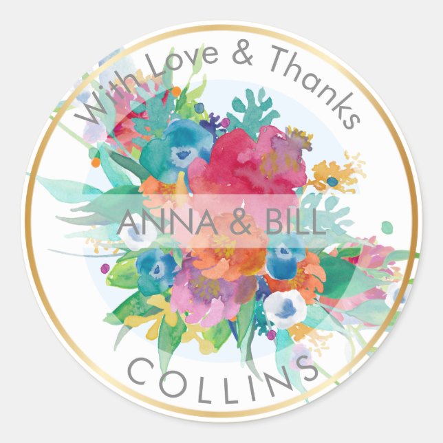 Pegatina Redonda PixDezines Floral Watercolor/DIY Gracias (Anverso)