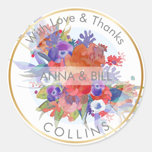 Pegatina Redonda PixDezines Floral Watercolor/DIY Gracias (Anverso)