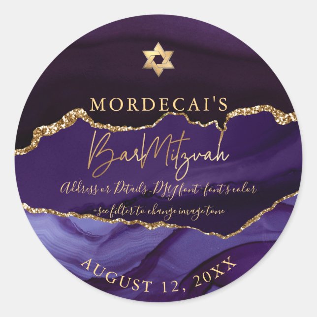 Pegatina Redonda PixDezines H2 Dark Purple Agate Bar Mitzvah (Anverso)