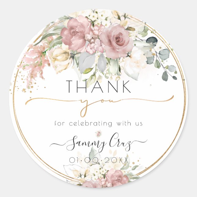 Pegatina Redonda PixDezines H2 Polvo Rosa Crema Rosas Gracias (Anverso)