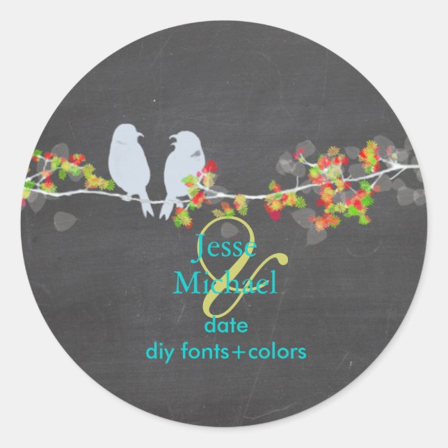 Pegatina Redonda PixDezines Love Birds Chalkboard (Anverso)