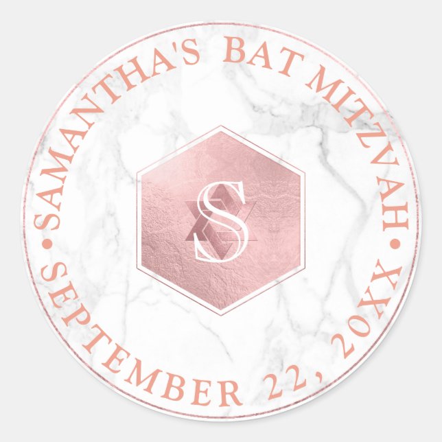 Pegatina Redonda PixDezines Monograma Falsa Miel de Rosa Mitzvah (Anverso)