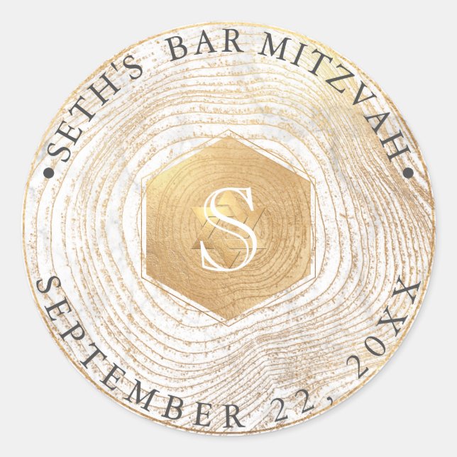 Pegatina Redonda PixDezines Monograma Faux Gold Rings Mitzvah (Anverso)