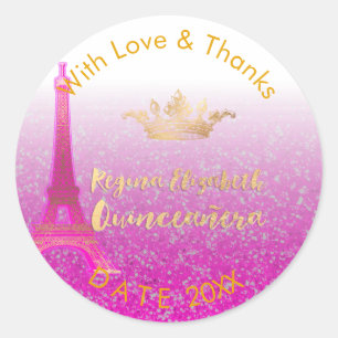 Pegatina Redonda PixDezines Neon Pink Eiffel/Sweet 15/DIY Gracias