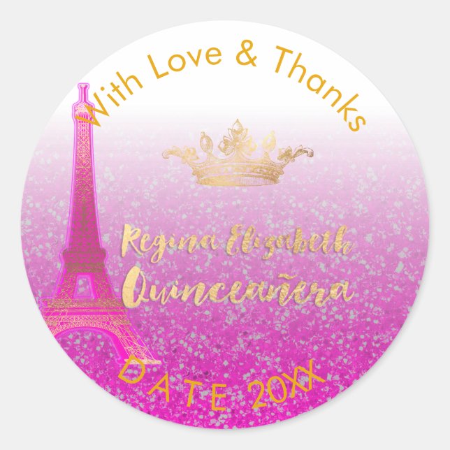 Pegatina Redonda PixDezines Neon Pink Eiffel/Sweet 15/DIY Gracias (Anverso)