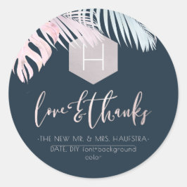 Pegatina Redonda PixDezines Palms Monograma Rubor Silver, Gracias