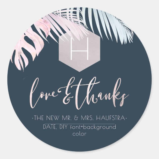 Pegatina Redonda PixDezines Palms Monograma Rubor Silver, Gracias (Anverso)